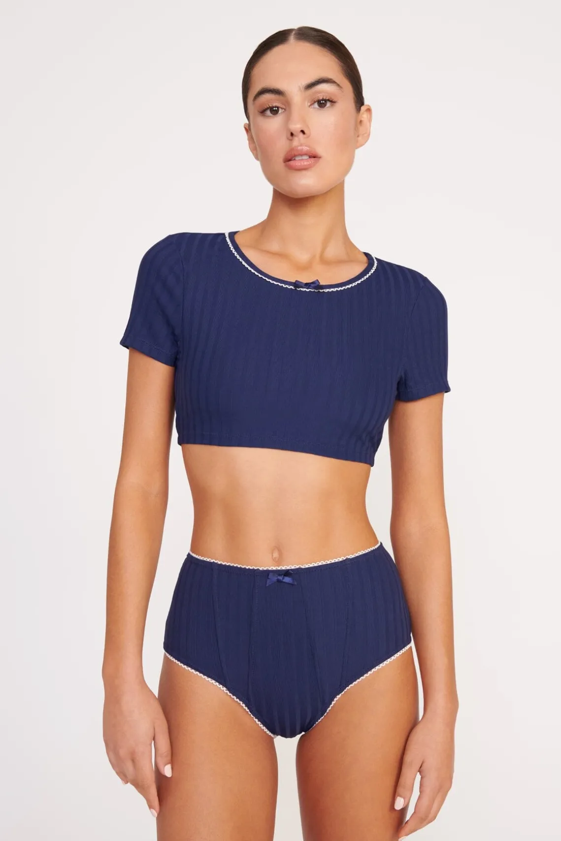 BRENTON HIGH RISE BIKINI BOTTOM NAVY WHITE