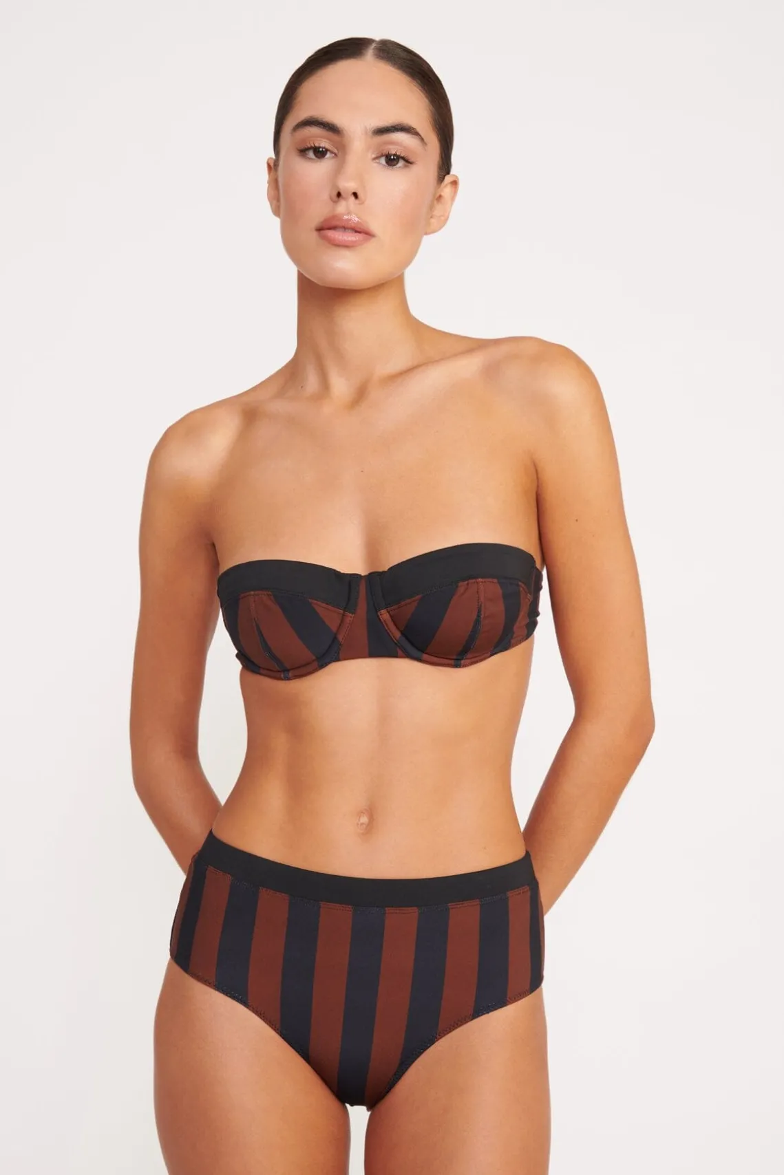 DEVON HIGH RISE BIKINI BOTTOM BLACK TAN SEASHORE STRIPE