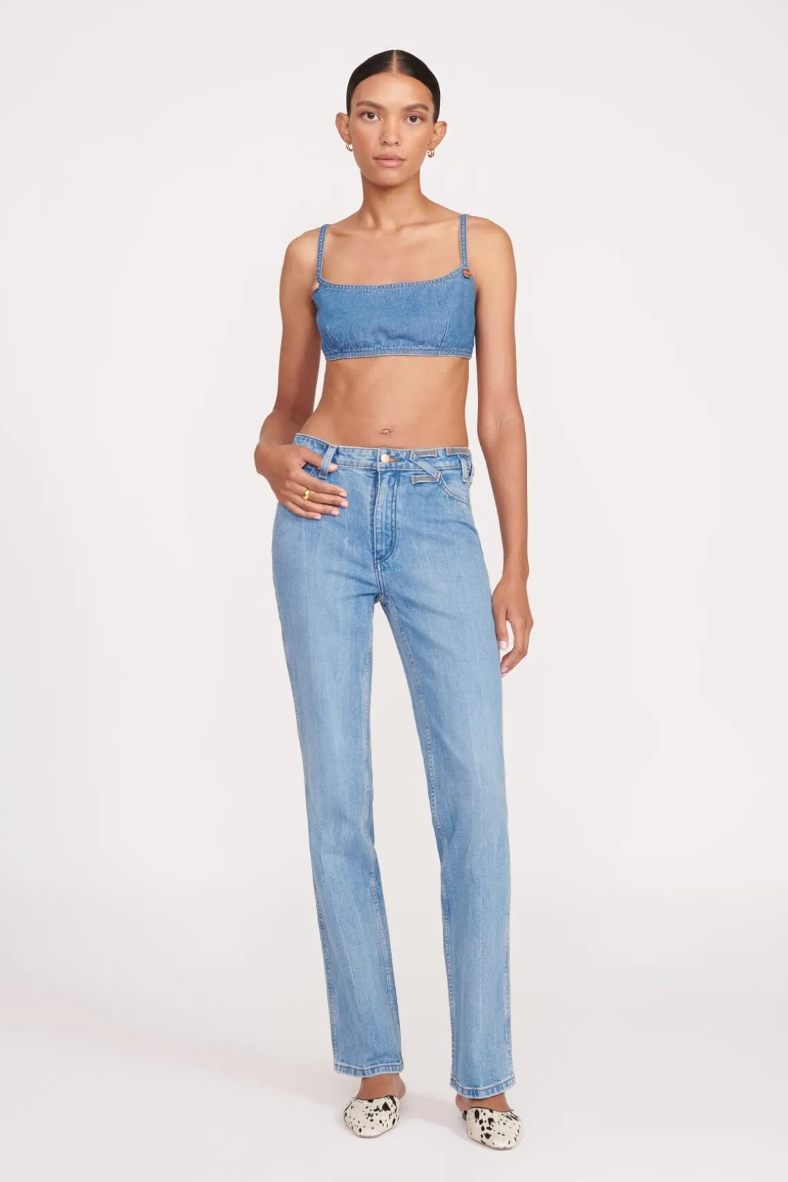 STAUD + WRANGLER THE JEAN BIKINI TOP MID BLUE