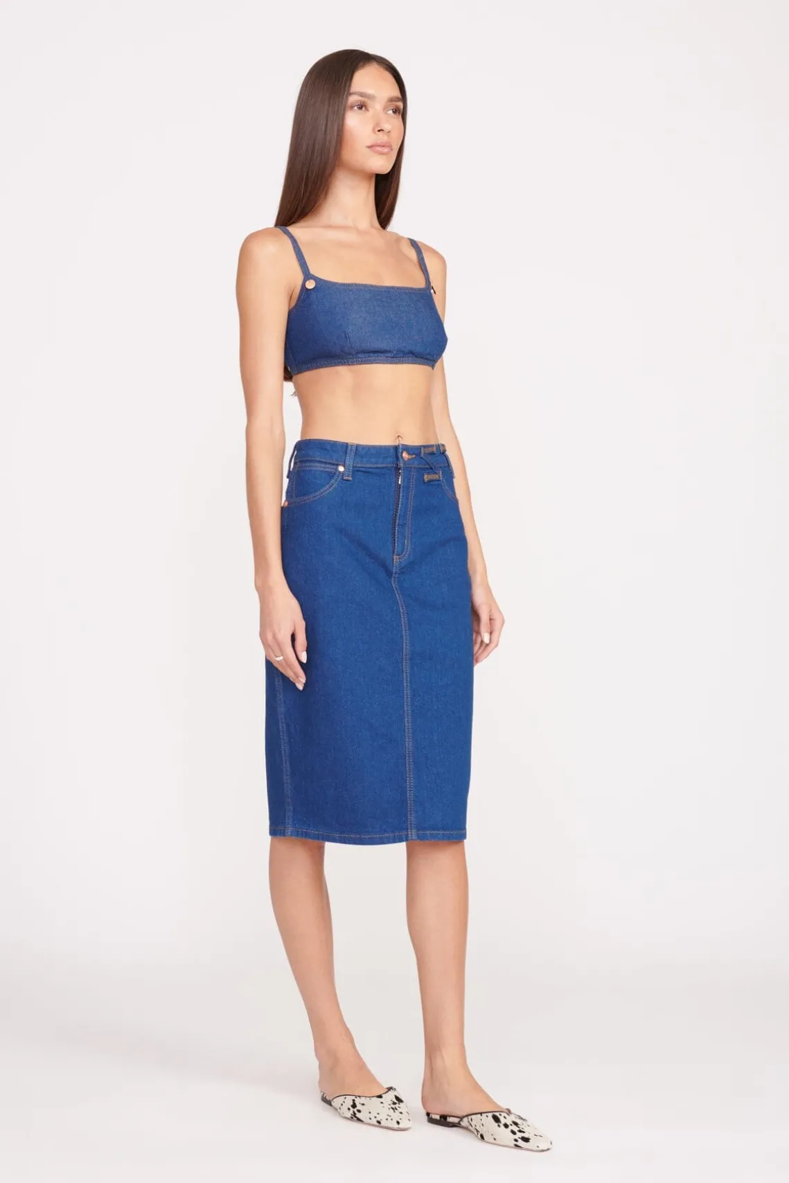 STAUD + WRANGLER THE PENCIL SKIRT DARK RINSE